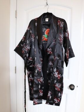 THAI SILK Reversible DRAGON EMBROIDERED Tie Belt/Pocket JAPANESE Kimono Sz L
